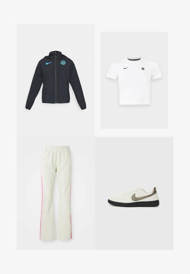 Casaco corta-vento preto com capuz, apresentando um logótipo azul da Nike e o emblema do Inter de Milão, fecho de zip e bolsos laterais.; T-shirt de manga curta branca com um decote redondo, logótipo preto da Nike no lado esquerdo do peito e um rótulo gráfico dentro do colarinho.; Calças bege claras com uma cintura elástica, apresentando painéis laterais cor-de-rosa e bolsos laterais. Textura suave com um design de perna reta.; Nike Sportswear FIELD GENERAL - Sapatilhas - off-white/black