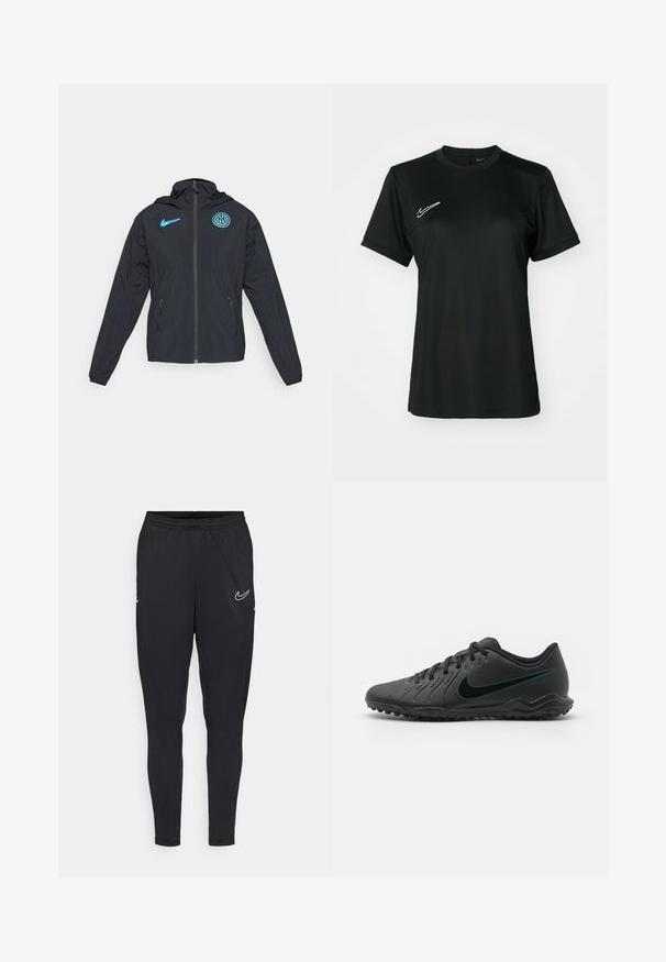 Czarna kurtka przeciwwiatrowa z kapturem, z niebieskim logo Nike i herbem Interu Mediolan, zapinana na zamek, z bocznymi kieszeniami.; Czarna, krótko rękawowa koszulka sportowa z okrągłym dekoltem. Posiada białe logo Nike na górnej lewej stronie. Gładki, lekki materiał.; Czarne spodnie sportowe wykonane z lekkiego materiału, z elastyczną talią, dopasowanym krojem i białym logo Nike na udzie.; Czarne korki piłkarskie z teksturowaną syntetyczną górą, zakrzywionym wzorem, czarną podeszwą zewnętrzną i turkusowym logo Nike z boku. Zapięcie na sznurówki.