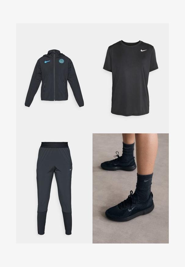 Svart vindjakke med hette, med blå Nike-logo og Inter Milan-emblem, glidelås og sidelommer.; Svart kortermet idretts T-skjorte laget av glatt, lett stoff, med en liten hvit Nike-logo på øvre venstre side.; Nike treningsbukser i mørkegrå, med en tapered ben design, elastisk midjebånd og detaljert dekorasjon nær mansjettene.; Sorte Nike-sko med teksturert strikket overdel, med en grå swoosh-logo, kombinert med mørke, ribbede sokker. Flat gummisål.