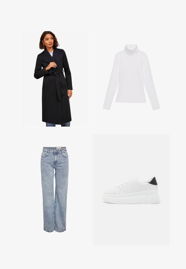 Juodas vilnonis paltas su diržu ties liemeniu, dideliu apykakle ir dviem priekiniais kišenėmis. Audinys su tekstūra; vidutinio ilgio modelis su pritaikytu siluetu.; Baltas ilgomis rankovėmis turtleneko tipo marškinėliai, pagaminti iš lygaus, tamprus audinys. Yra aukštas apykaklė ir prisitaikantis dizainas, be matomų raštų ar papuošimų.; Šviesiai mėlyni plačios kojų džinsai, pagaminti iš džinsinio audinio, pasižymintys aukštu liemeniu, penkių kišenių dizainu ir subtiliu blukimu, kad atrodytų jau dėvėti.; Balti platforminiai sportbačiai, pagaminti iš lygios sintetinio audinio, su apvaliu pirštu, raištelių užsegimu ir tekstūruota guma padanga. Juodas kulno akcentas.