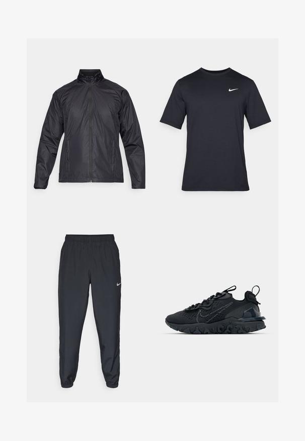 Giacca nera leggera da uomo con zip, colletto alto e maniche lunghe, tasche anteriori, mostrata su sfondo neutro.; T-shirt Nike nera a maniche corte realizzata in tessuto morbido, con il logo bianco dello swoosh nella parte superiore sinistra, colletto girocollo.; Pantaloni da jogging neri realizzati in tessuto leggero con cintura elastica, polsini alla caviglia e un logo Nike discreto sul lato sinistro.; Scarpa sportiva nera con tomaia in mesh traspirante, dettagli testurizzati e suola in gomma ondulata. Presenta un logo riflettente e un sistema di allacciatura.