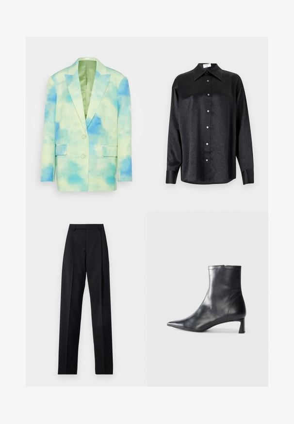 Light green blazer with abstract blue and green watercolor pattern. Features two front pockets and two buttons, with a smooth finish.; Black long-sleeve shirt with a collared neckline, featuring a crinkled texture, full button front, and cuffs. Made from a smooth fabric.; Black trousers made from smooth fabric featuring a high waist, wide legs, front pleats, and classic belt loops. No side pockets visible.; Black leather ankle boot with a pointed toe and a sleek design. Features a low heel and a zipper closure at the back. Smooth texture.