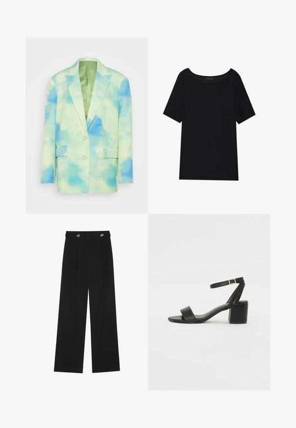 Gaiši zaļš blazeris ar abstraktu zilu un zaļu akvareļa rakstu. Tam ir divas priekšējās kabatas un divi pogas, kā arī gluda virsma.; Melns īsām piedurknēm T-krekls ar plašu kakla izgriezumu. Izgatavots no mīksta, viegla auduma. Vienkāršs dizains bez rakstiem vai akcentiem.; Melnas platās bikses ar augstu jostasvietu, pogu detaļām uz jostas un priekšējām krokām.; Melnas papēžu sērijas sandales ar gludu ādas virsmojumu, atvērtu pirkstu, platām priekšējām siksnām un regulējamu potītes siksnu ar zelta sprādzi.