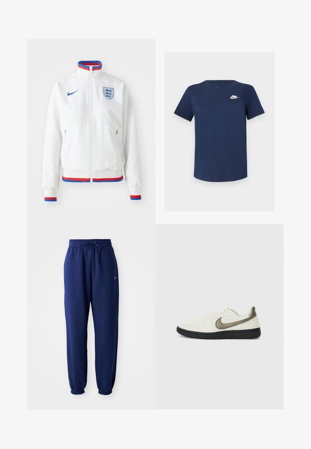 Hvit Nike-jakke med glidelås foran, høy krage og horisontale blå, røde og hvite striper ved kragen og mansjettene. England-merket vises.; Marineblå bomull T-skjorte med rund hals, korte ermer og hvit Nike-logo på venstre bryst. Glatt tekstur, enkelt design.; Mørkeblå joggebukser laget av mykt stoff, med elastisk linning med snøring, elastiske mansjetter og en liten hvit logo.; Nike Sportswear FIELD GENERAL - Joggesko - off-white/black