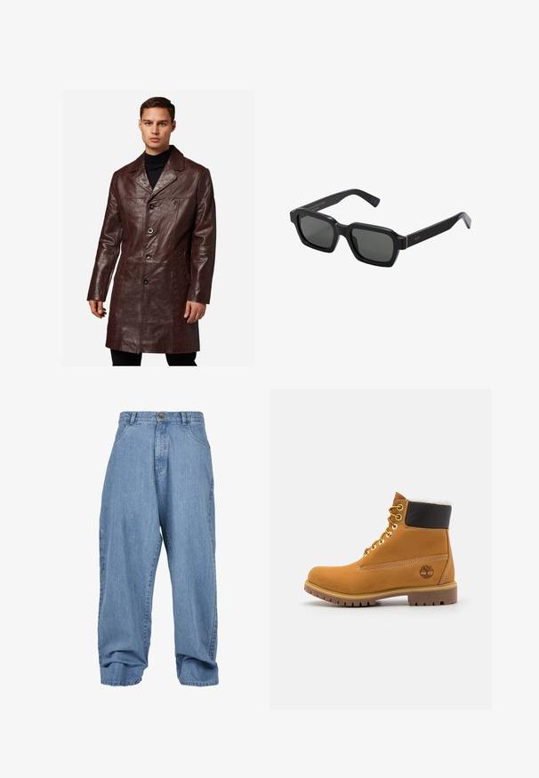Bruine leren jas met een geknopt kraag, knoopsluiting aan de voorkant, twee zijzakken en een gladde textuur, die tot halverwege de dij reikt.; Witte polo-shirt van katoen. Bevat een klassieke kraag, drie-knopenluik en korte mouwen. Subtiel logo geborduurd op de borst.; Lichtblauwe denim broek met een losse fit, knoopsluiting, voorzakken en een opgekrulde zoom, met een klassieke vijf-zakken ontwerp.; Bruine leren enkellaars met metalen oogjes, witte faux bont voering, zwarte gewatteerde kraag, robuuste zool en een reliëflogo aan de zijkant.; Zwarte, vierkantvormige zonnebril met grijzige lenzen. Dikke plastic montuur met gouden accenten en branding op de poot. Soepele textuur.