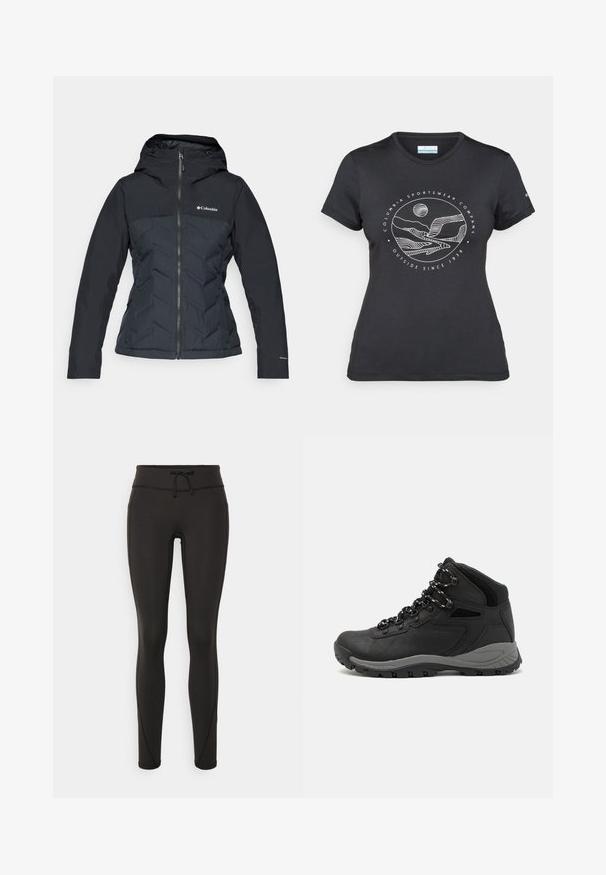Černá zateplená bunda s kapucí, s předním zipem, diamantovým prošíváním na těle a hladkými rukávy. Logo Columbia na prsou.; Černé tričko Columbia s bílým kruhovým uměleckým ztvárněním hor a řeky a textem "Columbia Sportswear Company Outside Since 1938."; Černé legíny s vysokým pasem, šnůrkou, hladkým povrchem a přiléhavým střihem. Obsahují švy podél stran.; Černé turistické boty s mírně vyšším střihem, které mají texturovaný svršek, šedé detaily a odolnou gumovou podrážku s trakčními výstupky.