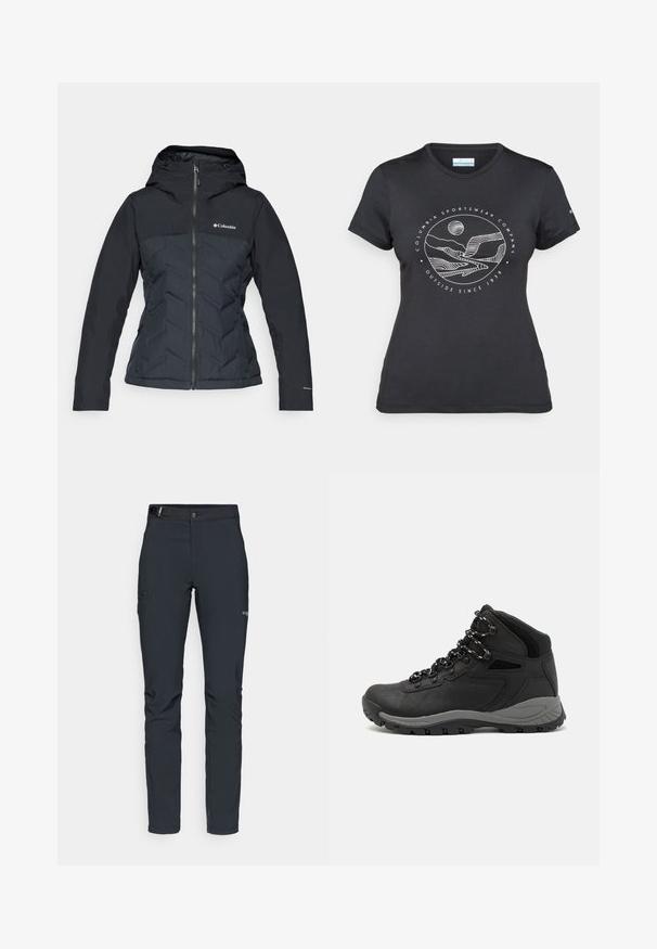 Black insulated jacket with a hood, featuring a zip front, diamond quilted texture on the body, and smooth sleeves. Columbia logo on chest.; Black Columbia t-shirt with white circular mountain and river line art and text "Columbia Sportswear Company Outside Since 1938."; Men's outdoor pants, dark gray, made from flexible material, featuring a belt, zippered pockets, and reinforced stitching.; Black hiking boot with a mid-top design, featuring a textured upper, gray accents, and durable rubber sole with traction lugs.