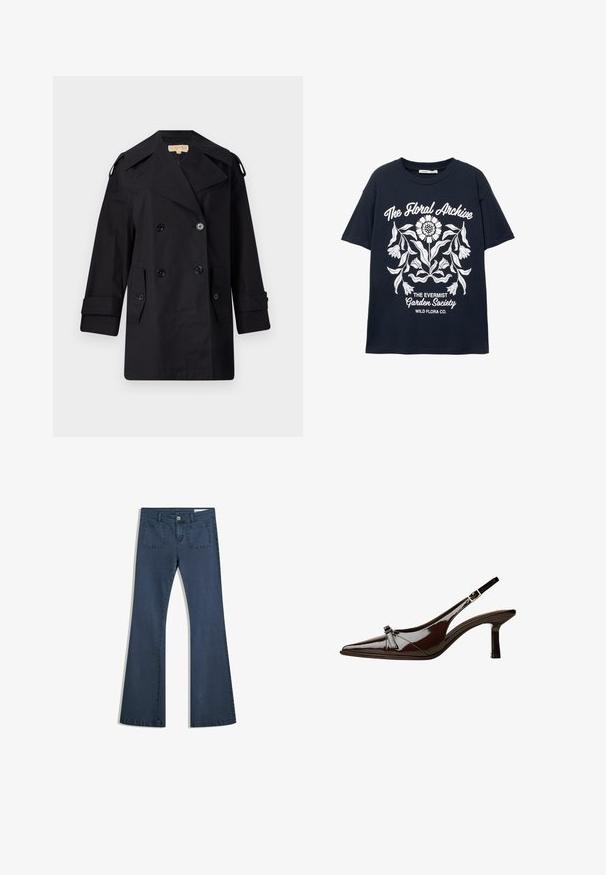 Čierny dvojradový trenčkot s širokým golierom, gombíkmi a bočnými vreckami. Vyrobený z hladkej látky s rovným strihom a manžetami.; Námornícke tričko s krátkym rukávom s bielym kvetinovým grafickým motívom a textom "Kvetinový archív," "Spoločnosť Evermist Garden" a "Wild Flora Co."; Tmavomodré zvonové džínsy s prešitými vreckami, zapínaním na gombík a hladkou textúrou. Obsahujú klasický dizajn s piatimi vreckami.; Hnedá laková slingback obuv s špicatou špičkou, nízkym opätkom a dekoratívnou mašľou vpredu. Hladká, lesklá štruktúra.