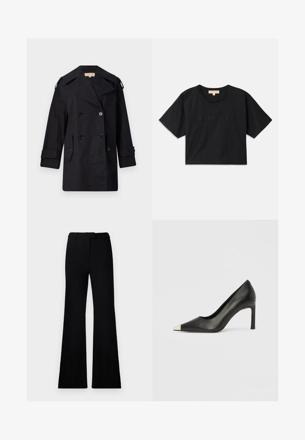 Must musta kahekordne trench coat laia kraega, nuppude ja küljetaskutega. Valmistatud siledast kangast, sirge lõike ja mansettidega varrukatega.; Must have mustakroot särk, mis on valmistatud puuvillast. Omab ümmargust kaelust ja lühikesi varrukaid. Ees on sama värviga tikitud "MICHAEL KORS".; Mustad flared püksid, millel on sile tekstuur, kohandatud vöökoht ja ees olevad taskud, kujundatud laisa, modernse siluetiga.; Mustast nahast kõrge kontsaga king terava varba ja metallik hõbedase otsikuga. Iseloomustab sile viimistlus ja sihvakas 10 cm konts.