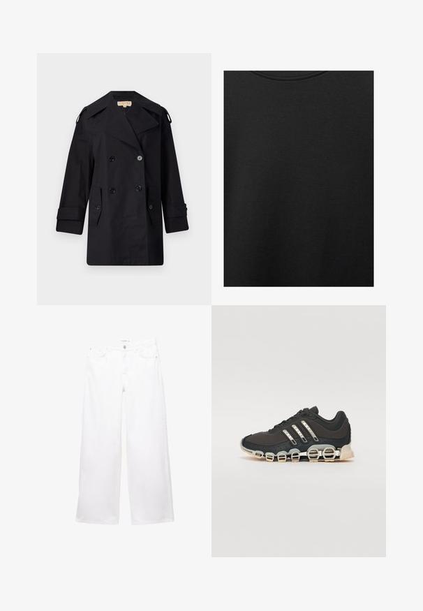 Crni dvostruko duguljasti kaput s širokim ovratom, kopčama i bočnim džepovima. Izrađen je od glatkog materijala s ravnim krojem i rukavima s manžetama.; Crni pamučni materijal s glatkom teksturom i okruglim izrezom, s nježnim, ravnomjernim uzorkom. Nema vidljivih logotipa ili akcenata.; Bijele široke traperice izrađene od denima s glatkom teksturom. Imaju zatvaranje na dugme i patentni zatvarač s dva prednja i dva stražnja džepa.; Crne atletske tenisice s teksturiranim gornjim dijelom, tri srebrne pruge i posebnim potplatom s višestrukim integriranim sekcijama.