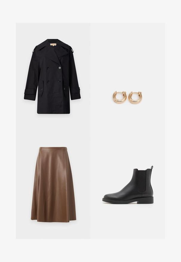 Czarny podwójnie zapinany płaszcz przeciwdeszczowy z szerokim kołnierzem, guzikami i bocznymi kieszeniami. Wykonany z gładkiego materiału, o prostym kroju i mankietach.; Czarny top na ramiączkach z cienkimi spaghetti, wykonany z żebrowanej tkaniny, z prostym krojem i metką przy wycięciu na szyję z napisem "IVY OAK."; Brązowa skórzana spódnica w kształcie litery A o gładkiej fakturze i długości midi. Posiada dopasowany pas w talii i lekko rozszerza się od bioder.; Czarne skórzane botki za kostkę z elastycznymi panelami po bokach, zaokrąglonym noskiem, niskim obcasem w kształcie bloku oraz pętelką z tyłu ułatwiającą zakładanie.; Złote kolczyki w kształcie obręczy z wypolerowanym wykończeniem, charakteryzujące się grubym, okrągłym wzorem i bezpiecznym zapięciem. Gładka faktura i błyszczący wygląd.