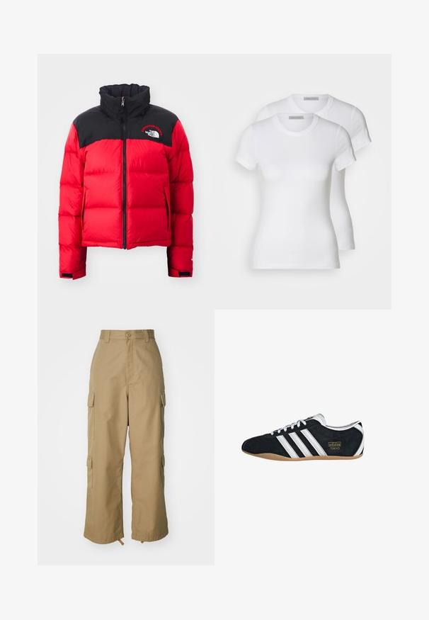Czerwona kurtka puchowa z czarną górną częścią, wysokim kołnierzem, zapięciem na zamek i pikowaną teksturą. Posiada logo na klatce piersiowej oraz dwie boczne kieszenie.; Dwie białe bawełniane koszulki z krótkim rękawem, okrągłym dekoltem i dopasowanym krojem, o gładkiej strukturze i minimalistycznym wzornictwie.; Beżowe spodnie cargo z wysokim stanem, szerokimi nogawkami i czterema dużymi bocznymi kieszeniami. Wykonane z trwałego materiału o gładkiej fakturze i minimalnych detalach.; Czarne zamszowe sneakersy z białymi trzema paskami, złotym logo i brązową gumową podeszwą. Charakteryzują się niskoprofilowym zapięciem na sznurówki.
