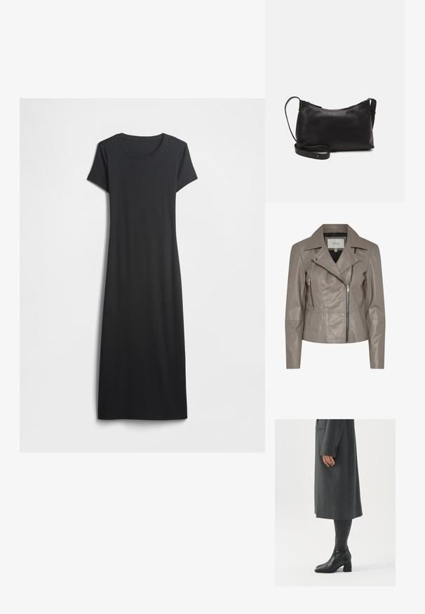 Taupe faux leather biker jacket with a notched collar, zippered front and side pockets, and long sleeves. Smooth texture with stitching details.; Black, short-sleeve dress with a round neckline, made of soft fabric, featuring a simple, straight silhouette with no additional patterns or details.; Gray, tailored overcoat with a straight cut; paired with knee-high black leather boots featuring a square toe and chunky heel.; Black leather shoulder bag with a smooth texture, curved shape, adjustable strap, and a zip closure. Minimalist design without embellishments.
