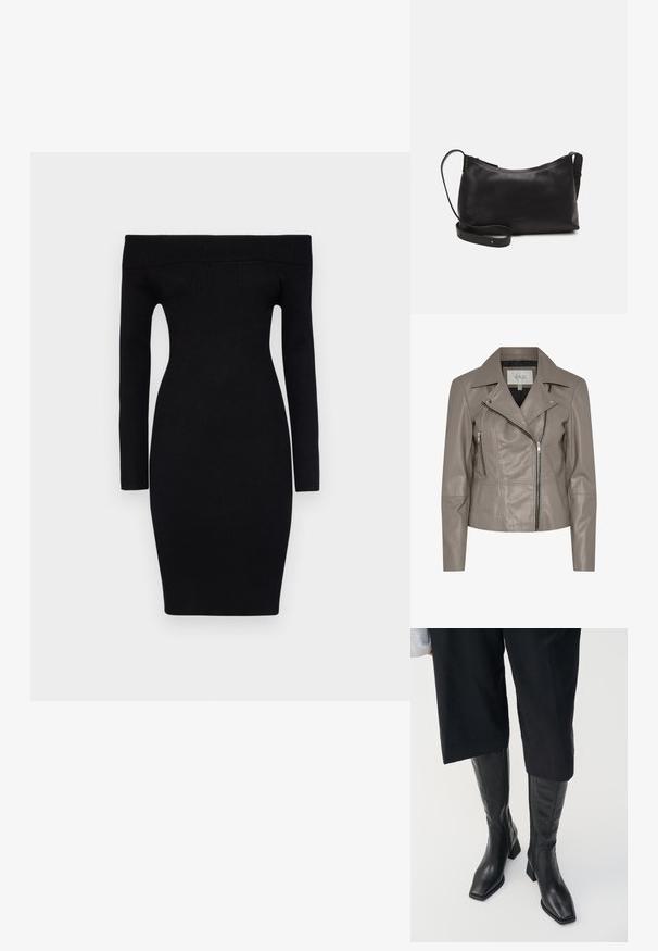 Taupe faux leren bikerjack met een ingezette kraag, ritssluiting aan de voorkant en zijzakken, en lange mouwen. Gladde textuur met stikseldetails.; Zwarte, geribbelde, off-the-shoulder gebreide jurk met lange mouwen en een getailleerde silhouette, die tot halverwege de dijen komt.; Zwarte leren kniehoge laarzen met een vierkante teen en een blokhak. Heeft een ritssluiting aan de zijkant en een gladde textuur.; Zwarte leren schoudertas met een gladde textuur, gebogen vorm, verstelbare schouderband en een ritsafsluiting. Minimalistisch ontwerp zonder versieringen.