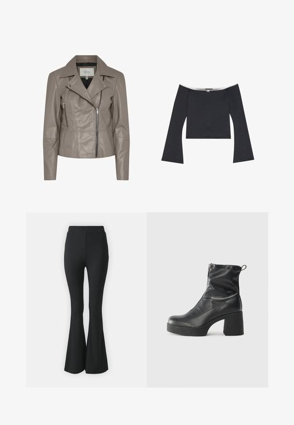 Taupe faux kožená motorkárska bunda s klopovým golierom, zipsom vpredu a bočnými vreckami, a dlhými rukávmi. Hladká textúra s prešívanými detailmi.; Čierny krátky top s odhalenými ramenami, ktorý má dlhé zvonové rukávy, hladkú textúru a biely lem okolo výstrihu. Na chrbte je dekoratívny uzol.; Čierne rozšírené nohavice vyrobené z elastického materiálu. S vysokým pásom a hladkým, priliehavým strihom, ktorý sa rozširuje od kolena nadol.; Čierne členkové topánky z hladkej kože, so bočným zipsom, robustnou textúrovanou pätnou časťou a zaobleným dizajnom špičky.