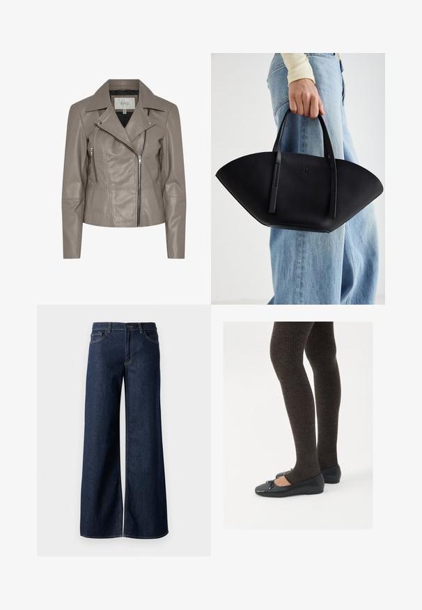 Taupe falsk læder bikerjakke med klippet krave, lynlåslukning foran og sidelommer, samt lange ærmer. Glat tekstur med syningsdetaljer.; Svart langermet, tett topp med firkantet hals, merket GAP, vist på en hvit bakgrunn.; Vide benbukser i mørkeblå denim. Har kontrastsøm, fem lommer og en knaplukning i taljen. Glat tekstur.; Sorte flate sko med en liten sløyfedetalj på tåen, kombinert med mørkebrune ribbede strømpebukser. Skoene har en glatt overflate og lav profil.; Svart skinnveske med en unik vifteform, med flate håndtak. Overflaten har en pebblelignende tekstur og et minimalistisk design.