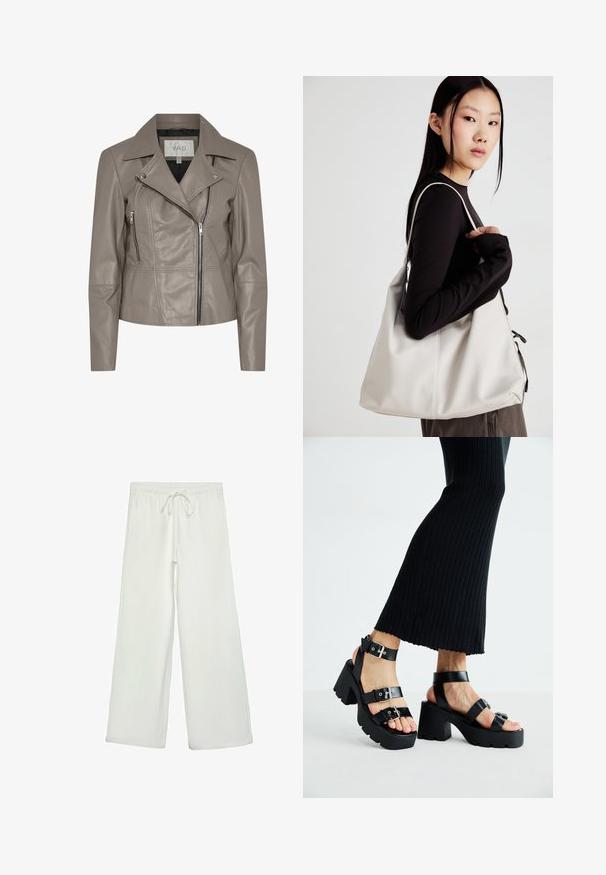 Taupe faux kožená motorkárska bunda s klopovým golierom, zipsom vpredu a bočnými vreckami, a dlhými rukávmi. Hladká textúra s prešívanými detailmi.; Biele tričko s krátkym rukávom a okrúhlym výstrihom, vyrobené z mäkkého bavlneného materiálu, s jednoduchým a čistým dizajnom bez viditeľných vzorov alebo doplnkov.; Biele nohavice s širokými nohavicami vyrobené z mäkkej tkaniny. Majú elastický pás s šnúrkou a hladký povrch. Žiadne viditeľné vzory ani kovania.; Čierne platformové sandále s robustnými, zúbkovanými podrážkami a viacerými popruhmi, s kovovými prackami a hladkým textúrou pripomínajúcou kožu.; Béžová kabelka vyrobená z mäkkého materiálu, s uvoľneným dizajnom, prišitými detailmi a dvoma popruhmi na nosenie na pleciach. Vhodná na každodenné nosenie.