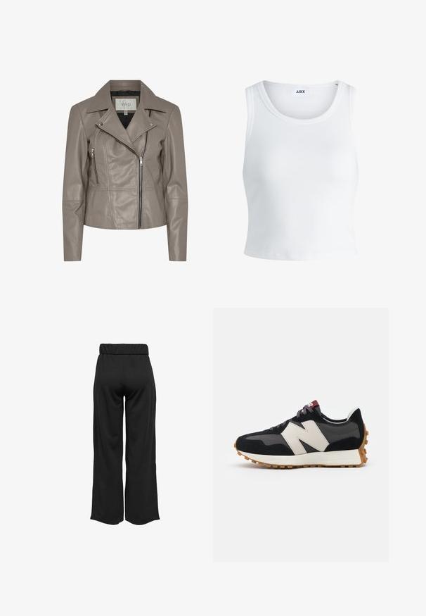 Pudros spalvos dirbtinio odos motociklininko švarkas su įpjautu apykakle, užtrauktuku priekinėje dalyje ir šoninėmis kišenėmis, ilgomis rankovėmis. Lygus paviršius su siuvimo detalėmis.; Balta raukšlėta tank top marškinėliai su apvaliu iškirpimu, be rankovių dizainu ir trumpa ilgio. Etiketėje parašyta "JJXX." Lygus audinio paviršius.; Juodos, plačios kelnės su elastinga juosta, pagamintos iš lygaus audinio. Pasižymi švariu dizainu, be kišenių ar matomų siūlių detalių.; Juoda ir pilka zomšinė sportinė avalynė su dideliu kreminiu "N" logotipu, violetinėmis raištelėmis ir tekstūruota gumos padu.