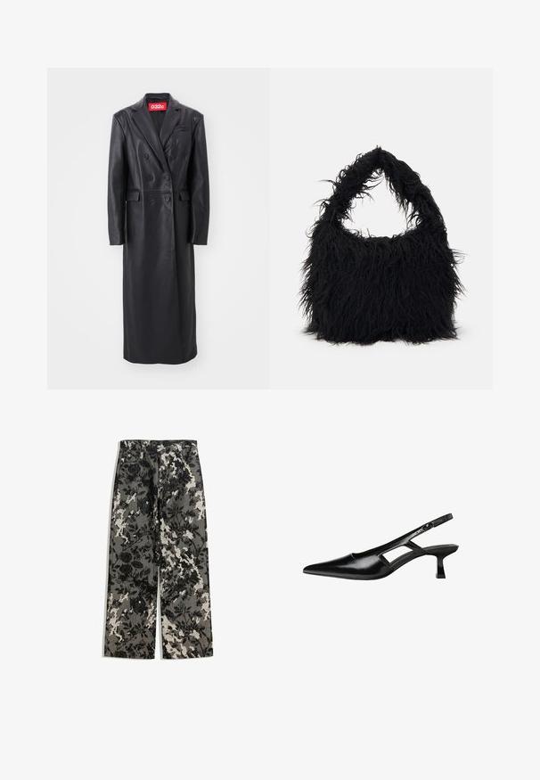 Črn usnjen plašč s dvojno zapenjanjem, dolge dolžine, z naklonskimi reverji, stranskimi žepi, teksturirano površino, blagovna oznaka v rdeči barvi je vidna pri ovratniku.; Črna pulover majica z visoko ovratnikom, izdelana iz mehkega pletenega materiala. Ima dolge rokave in prilegajočo se zasnovo s ravnim robom.; Srednje visoke hlače širokih nogavic z teksturiranim črno-belem cvetličnem vzoru na sivi podlagi, ki imajo klasičen pas in sprednje žepe.; Črne patentični usnjeni salonarji s slingback designom, z zašiljenim nosom, izrezanim stranskim dizajnom in majhnim kvadratnim peto. Gladka tekstura z minimalnimi detajli.; Even&Odd Torba za nakupovanje - black