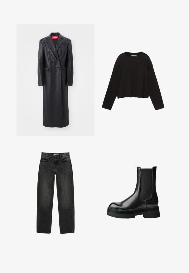 Zwarte leren dubbelbreasted jas, lange lengte, met klepels, zijzakken, gestructureerde afwerking, met een zichtbaar rood merklabel bij de kraag.; Zwarte lange mouwen cropped shirt gemaakt van zachte katoen. Heeft een ronde halslijn en een losse pasvorm met verlaagde schouders. Geen zichtbare patronen of accenten.; Zwarte denim jeans met een relaxte pasvorm, rechte pijpen, vijf-pocket ontwerp en een licht vervaagde textuur. Knop- en ritssluiting aan de voorkant.; Zwarte leren enkellaars met elastisch zijpaneel, ronde neus, dikke plateauzool en een gestructureerd bovenwerk voor extra grip.
