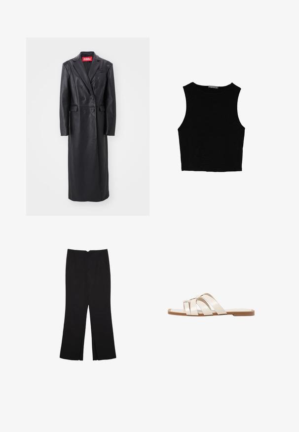 Čierny kožený dvojradový kabát, dlhý strih, so zárezovými klopami, bočnými vreckami, textúrovaným povrchom a viditeľnou značkovou červenou nášivkou na golieri.; Čierny bezrukávový crop top vyrobený z hladkej tkaniny, so zaobleným výstrihom a čistým, jednoduchým dizajnom bez vzorov alebo kovania.; Čierne nohavice so strihom rovného strihu, s prednými vreckami a bočnými rozparkami na leme. Vyrobené z mäkkej, hladkej tkaniny. Vhodné na rôzne príležitosti.; Ploché sandále s hnedou gumovou podrážkou, navrhnuté s tromi prekrývajúcimi sa bielymi koženými popruhmi a malou mašličkou uprostred.