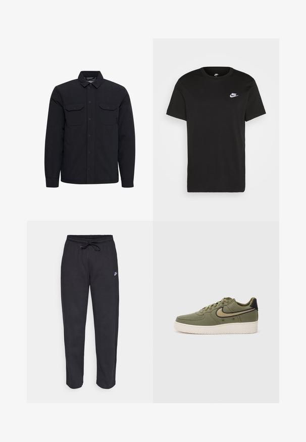 Černá prošívaná bunda s knoflíkovou přední částí, dvěma náprsními kapsami a skládacím límcem. Vyrobena z hladkého, odolného materiálu.; Černé bavlněné tričko s krátkými rukávy, kulatým výstřihem a malým bílým logem Nike na levé horní části hrudi. Hladká textura. Klasický střih.; Černé tepláky vyrobené z měkké tkaniny s elastickým pasem, šňůrkou na stažení a malým logem Nike na levém stehně.; Olivově zelené plátěné tenisky s černými akcenty, s šněrovacím designem, polstrovaným límcem a texturovanou podešví s označením "AIR".