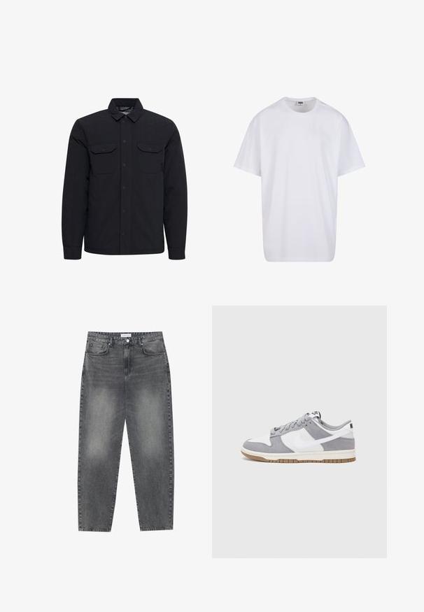 Chaqueta negra acolchada con cierre de botones en la parte frontal, dos bolsillos en el pecho y un cuello doblado. Fabricada con un tejido suave y duradero.; Camiseta blanca de algodón con mangas cortas, cuello redondo, corte relajado y sin logotipos ni patrones visibles. Textura suave y diseño minimalista.; Jeans de cintura alta y corte holgado en denim negro desgastado. Con cinco bolsillos, pasadores para el cinturón y un diseño de pierna recta y limpia.; Zapatilla gris y blanca con parte superior de ante y cuero, puntera redondeada, cordones planos y suela de goma con un acento de goma.