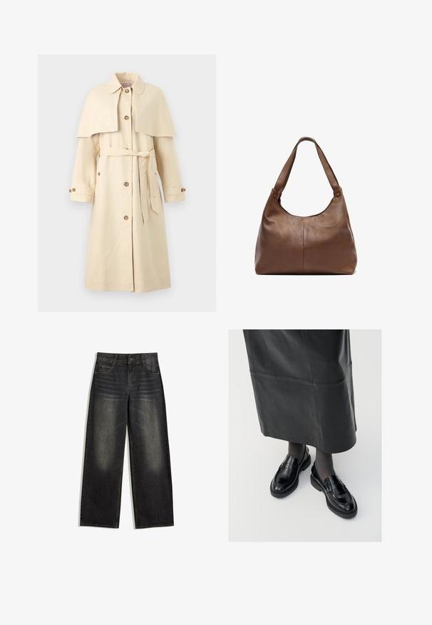 Bež vodoodporan plašč iz gladkega blaga z žepnim plaščem, pasom in gumbastimi zaprtji. Oblikovanje vključuje velike gumbe in klasični ovratnik.; Smockirana bluzica z vzorcem karirice v črni, beli in bež barvi. Ruffles na vratu in manšetah, dolgi rokavi, skrajšan kroj.; Široke črne denim hlače z bledim teksturo, zasnovo s petimi žepi in kontrastnim šivanjem. Imajo gumb za zapiranje in zanke za pas.; Črne usnjene loafer čevlje s gladko površino, ki imajo dekorativno srajco, okroglo konico in teksturiran podplat. Nosi se z dolgim črnim usnjennim krilom.; Kavarna iz rjavega usnja z mehko, zaobljeno obliko. Ima enostavno, trdno zanko in subtilne šive. Gladka tekstura.