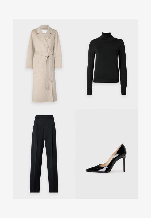 IVY OAK CELIA - Klasický kabát - light sand; Černý dlouhý rukáv rolák se žebrovanými manžetami a lemem, vystavený na čistě bílém pozadí.; Černé kalhoty vyrobené z hladké tkaniny, vybavené vysokým pasem, širokými nohavicemi, předními záhyby a klasickými poutky na opasek. Nejsou viditelné boční kapsy.; Černý lakovaný kožený lodičkový bot s špičatou špičkou a elegantním siluetou. Má hladký, lesklý povrch a štíhlý jehlový podpatek.