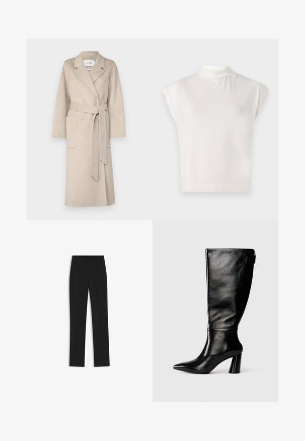 IVY OAK CELIA - Cappotto classico - light sand; Top bianco senza maniche a collo alto realizzato in tessuto morbido, caratterizzato da un design strutturato con una superficie liscia e un sottile dettaglio a coste sull'orlo.; Pantaloni neri su misura con un design a gamba dritta, dotati di tasche frontali e un tessuto liscio e strutturato. Dettagli ordinati e minimalisti.; Stivale in pelle nera, alto fino al ginocchio, con punta affusolata, superficie liscia e tacco spesso. Presenta un dettaglio con zip sul retro.
