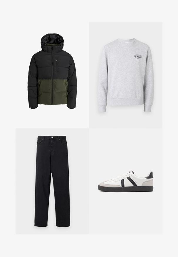 Puhvisusärk musta ülemise osa ja oliivrohelise alumise osaga. Varustatud kapuutsiga, esise peidetud lukuga ja kahe küljetaskuga. Tekstuuriga kangas.; Halliksin särk hallides varruka- ja altaraeiberitega, millel on väike must logo rinna piirkonnas. Toode on valmistatud pehmest ja tekstuurilisest kangast.; Mustad kõrgvööline sirge lõikega teksapüksid nuppude kinnitusega, vöödega ja esikülje ning selja taskutega valgel taustal.; Valged tossud mustade ja hallide aktsentidega, tekstureeritud halli varbakattega, musta kummitald ja lamedad valged paelad. Puhtad jooned, minimalistlik stiil.