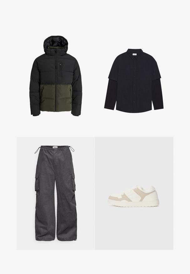 Puffervest med en sort overdel og olivengrøn bund. Har hætte, frontlynlås og to sidelommer. Teksturstof.; Mørkeblå skjorte med knaplukning, spredt krave, korte ærmer med forlænget underlag og fem frontknapper. Blød stof med subtil tekstur.; Grå cargo bukser med struktureret stof, elastisk talje, snor og detaljerede sidelommer. Løs pasform med brede ben.; Hvide og beige sneakers med en kombination af glatte og ruskindseffekter, rund tå, snørelukning og flad gummisål.