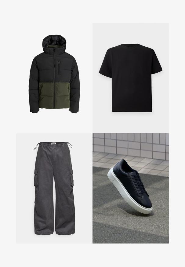 Puffervest med en sort overdel og olivengrøn bund. Har hætte, frontlynlås og to sidelommer. Teksturstof.; Sort kortærmet T-shirt lavet af tekstureret stof, med rund halsudskæring og en afslappet pasform. Enkel, uden mønstre eller accenter.; Grå cargo bukser med struktureret stof, elastisk talje, snor og detaljerede sidelommer. Løs pasform med brede ben.; Sort lædersneaker med rund tå og hvid gummisål. Har flade snørebånd og minimal syning på overdelen. Tekstureret sål for bedre greb.
