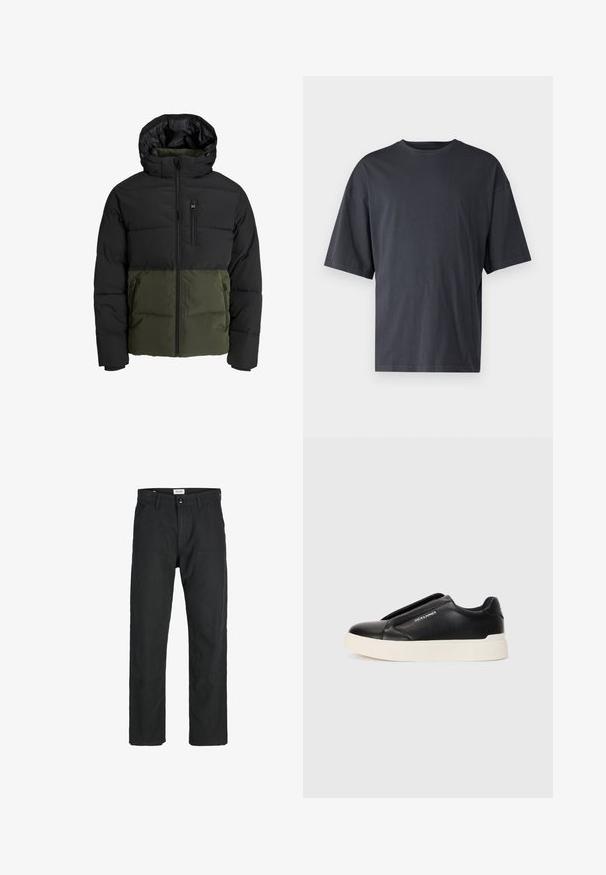 Puhasta jakna z zgornjim delom v črni barvi in olivno zelenim dnom. Ima kapuco, sprednji zadrgo in dve stranski žepi. Teksturno blago.; Temno siva majica s kratkimi rokavi iz lahkotnega bombaža, z ohlapnim krojem in klasičnim okroglim izrezom, z enostavno teksturo in brez vzorcev.; Črne hlače iz trpežnega materiala, s krojem naravnih nog, našitki ter dvema sprednjima žepoma za funkcionalnost.; Črne slip-on športne čevlje z teksturiranim usnjenim zgornjim delom, belim gumijastim podplatom in brez vidnih vezalk. Na strani je logotip blagovne znamke.