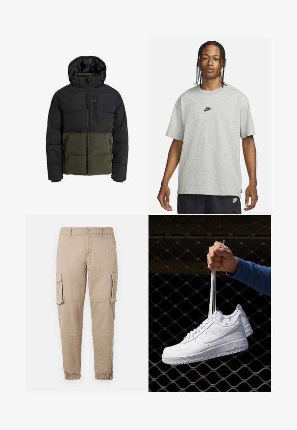 Geacă puffer cu o secțiune superioară neagră și o secțiune inferioară verde măsliniu. Dispune de o glugă, fermoar frontal și două buzunare laterale. Material texturat.; Tânăr cu părul împletit, îmbrăcat cu un tricou Nike gri deschis și pantaloni scurți Nike negri, pe un fundal alb simplu.; Pantaloni cargo bej dintr-un material din bumbac ușor. Au manșete elastice, mai multe buzunare laterale și închidere cu buton.; Adidași albaștri din piele cu perforații, vârf rotund, talpă plată și șireturi groase, cu un logo swoosh vizibil și cu inscripția "AIR" pe toc.