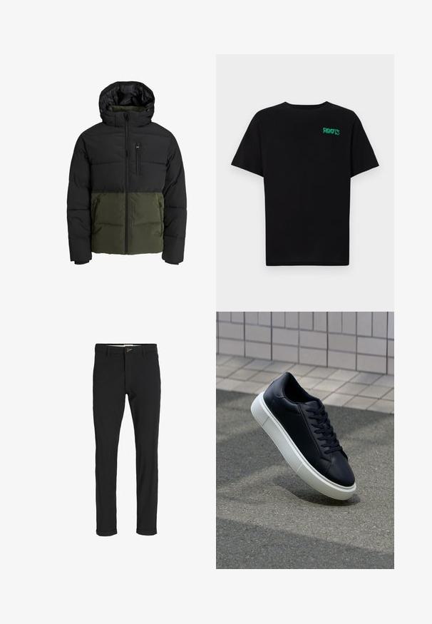 Puffer jacket with a black top section and olive green bottom. Features a hood, front zipper, and two side pockets. Textured fabric.; Black t-shirt made of cotton with short sleeves. Features a green "ROOTS" logo on the front, round neckline, and standard fit.; Black cotton blend pants with a slim fit, featuring a button closure, pockets, and rolled cuffs for a casual finish.; Black leather sneaker with rounded toe and white rubber sole. Features flat laces and minimal stitching on the upper. Textured sole for grip.