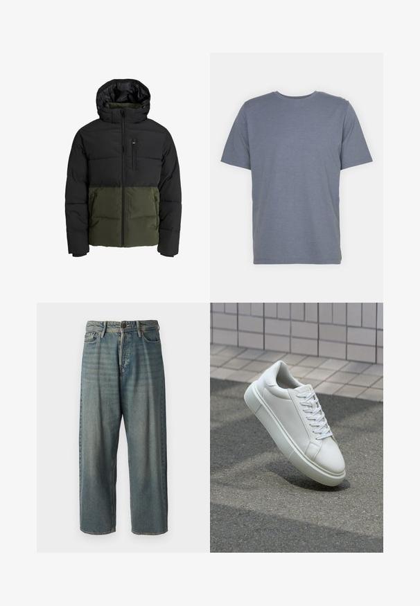 Pufasta jakna s gornjim dijelom u crnoj boji i donjim dijelom u maslinasto zelenoj. Ima kapuljaču, prednji zatvarač i dva bočna džepa. Tkano platno.; Siva majica s kratkim rukavima u kroju s okruglim izrezom, izrađena od mekane mješavine pamuka. Jednostavan dizajn, bez uzoraka ili naglasaka.; Svijetloplave traperice s širokim krojem, srednjim pojasom i ravnim nogavicama. Ima pet džepova, petlje za remen i kopčanje na gumb.; Bijela kožna tenisica s glatkom površinom, okruglim vrhom i ravnim bijelim vezicama. Ima teksturiran gumeni potplat i minimalne dizajnerske elemente.