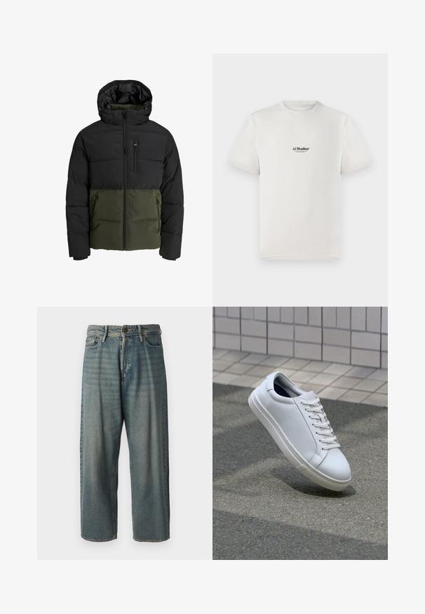 Pufasta jakna s gornjim dijelom u crnoj boji i donjim dijelom u maslinasto zelenoj. Ima kapuljaču, prednji zatvarač i dva bočna džepa. Tkano platno.; Bijela pamučna majica s kratkim rukavima, na kojoj se nalazi crni logo "JJ Studios" na prsima. Ima okrugli izrez i standardni kroj.; Svijetloplave traperice s širokim krojem, srednjim pojasom i ravnim nogavicama. Ima pet džepova, petlje za remen i kopčanje na gumb.; Bijele kožne tenisice s glatkom teksturom, dizajn s vezicama i zaobljenim vrhom. Imaju teksturiranu gumenu površinu i minimalne akcentne detalje.