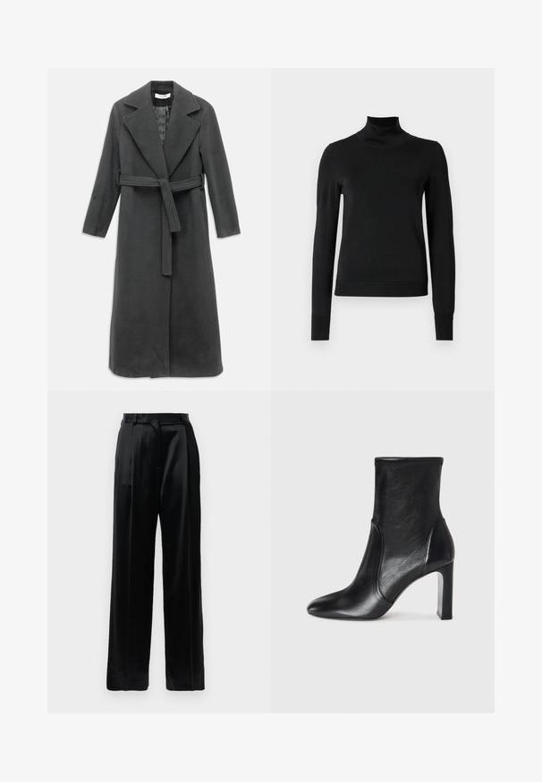 Anglies pilkos spalvos ilgas paltas, pagamintas iš minkštos medžiagos, su iškirptės apykakle, diržu juosmenyje ir priekyje užsegamas mygtukais. Lygus tekstūra, ilgomis rankovėmis.; Juoda ilgomis rankovėmis turtleneko tipo megztinis su rebruotomis rankovėmis ir apačia, eksponuojamas ant paprasto balto fono.; Juodos satino kelnės su aukštu liemeniu, tiesiais plačiais kojais, diržo kilpomis ir plokščiu uždarymu prieš baltą fono.; Juodas odinis kulkšninis botas su elegantišku dizainu, smailiu pirštu ir aukštu blokiniu kulnu. Su lygiu paviršiumi ir minimalistišku siuvimo detaile.
