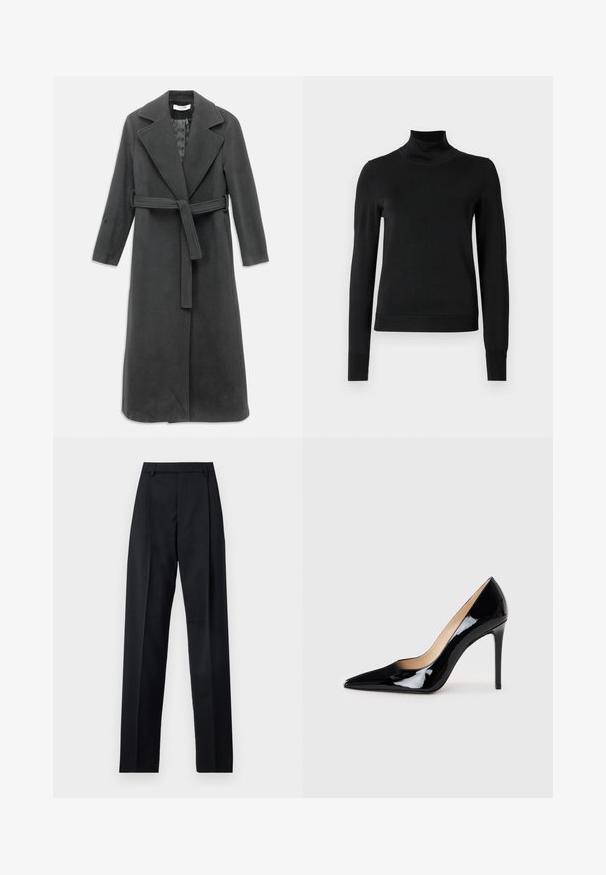 Abrigo de lana gris oscuro con cuello con muesca, mangas largas y cintura con cinturón. Presenta un corte recto y una textura suave.; Suéter negro de manga larga con cuello de tortuga, con puños y dobladillo acanalados, exhibido sobre un fondo blanco liso.; Pantalones negros de tela suave con cintura alta, piernas amplias, pliegues frontales y lazos de cinturón clásicos. No hay bolsillos laterales visibles.; Zapato de tacón alto de charol negro con un diseño de punta afilada y una silueta elegante. Presenta un acabado suave y brillante y un tacón de aguja esbelto.
