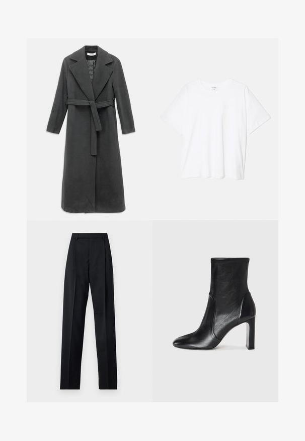 Süsinikhalli värvi pikk jakk, mis on valmistatud pehmest kangast. Omab nurgelist kraed, vöökoht on rõhutatud ja esiosas on nööbid. Sujuva tekstuuriga ning pikkade varrukatega.; Valge puuvillane T-särk lühikeste varrukatega, ümmargune kaelus, mugav lõige ja õmmeldud serv. Silt nähtav kaela seest.; Mustad püksid siledast kangast, millel on kõrge vöökoht, laiad jalad, esimesed kortsud ja klassikalised vööloopid. Küljepockets pole nähtavad.; Must musta saapikas sujuva disaini, terava nina ja kõrge plokkkontsaga. Omab siledat tekstuuri ja minimalistikku õmbluse detaljikat.