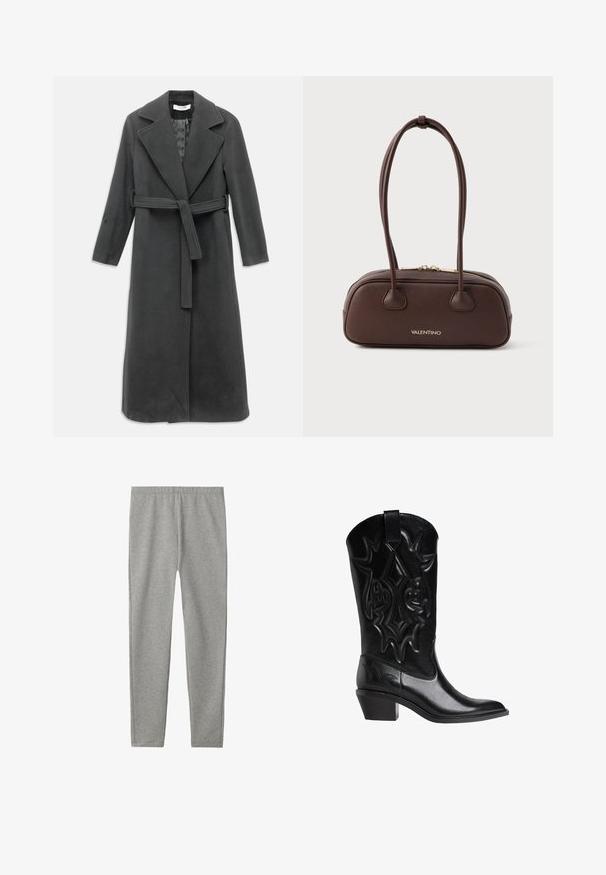 Cappotto in lana grigio scuro con collo a revers, maniche lunghe e cintura in vita. Presenta un taglio dritto e una texture liscia.; Maglietta grigia a maniche lunghe realizzata in un leggero cotone misto, con scollo rotondo e una texture semplice senza motivi o accenti.; Leggings grigi in tessuto misto cotone, elasticizzati e morbidi al tatto, con una vita elastica per il massimo comfort. Vestibilità aderente con gambe dritte.; Stivale da cowboy in pelle nera con motivi decorativi cuciti, punta affusolata, tacco angolato di media altezza e fascetta di trazione sulla parte superiore dello stivale.; Borsa a mano in pelle marrone con forma arrotondata, due manici corti e hardware color oro; presenta una chiusura con zip e un logo in rilievo.