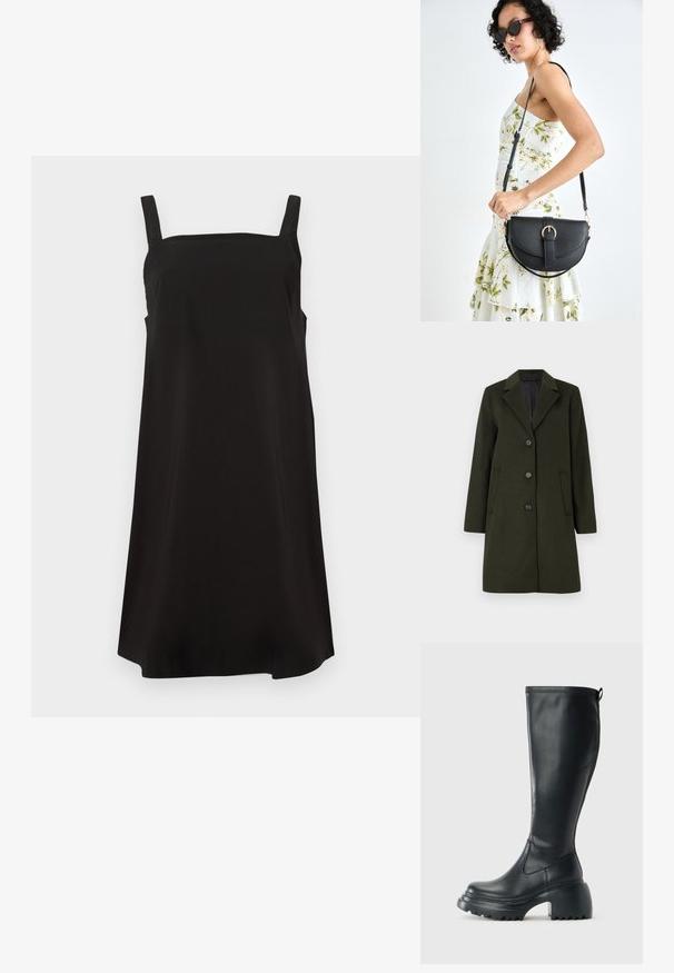 Cappotto in misto lana verde scuro con colletto a rever, design a un petto, quattro bottoni e due tasche laterali. Texture liscia.; Abito nero senza maniche con scollo quadrato, realizzato in tessuto liscio, caratterizzato da una vestibilità ampia e un taglio dritto. Nessun motivo o accessorio visibile.; Stivale lungo in pelle nera con suola piatta robusta e tacco a blocco, dotato di linguetta e battistrada testurizzato sulla suola.; Borsa a tracolla nera in pelle con una forma curva, manico rimovibile e accessori dorati. La borsa presenta una patta con un dettaglio a fibbia.