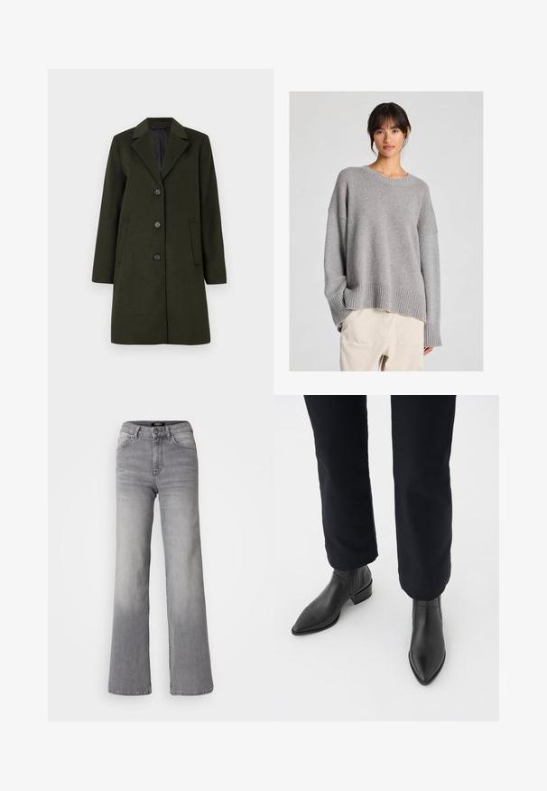 Dark green wool-blend coat with notched collar, single-breasted design, four buttons, and two side pockets. Smooth texture.; Grey knitted sweater with a relaxed fit, round neckline, ribbed cuffs, and hem. Soft texture with a subtle knit pattern. Paired with light trousers.; High-waisted straight-leg gray denim jeans with front button and zipper, front and back pockets, and faded shading on thighs and calves.; Black leather ankle boots with a pointed toe, block heel, and textured side panels, worn with dark pants against a white background.