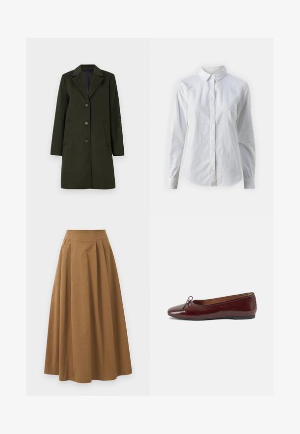 Donker groene wolmixjas met gesneden kraag, eenknops ontwerp, vier knopen en twee zijzakken. Gladde textuur.; Witte overhemd met knopen van glad katoen, met een klassieke kraag, lange mouwen en een afgeronde zoom. De knopen zijn klein en wit.; Bruine katoen A-lijn rok met een hoge taille, voorzien van plooien aan de voorkant en een gladde textuur. De zoomafwerking is schoon en eenvoudig.; Bordeaux gepatenteerd lederen ballerina met een ronde neus, een klein strikaccent aan de voorkant en een lage, zwarte rubberen zool. Glad textuur.