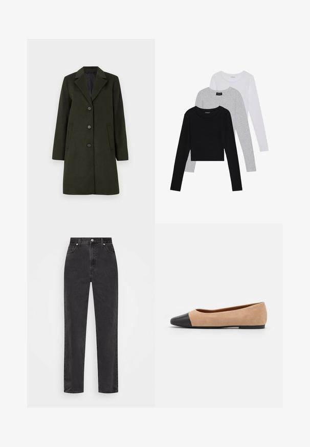 Sötétzöld gyapjú keverék kabát, kihajtott gallérral, egysoros fazonnal, négy gombbal és két oldalsó zsebbel. Simaság jellemzi.; Három hosszú ujjú póló egymásra rakva: fekete, szürke és fehér. Mindegyiknek kerek nyaka van, és rövidített fazonnal rendelkezik, sima, könnyű anyagból készült.; Fekete, egyenes szárú farmernadrág, magas derékkal, elülső gombbal és cipzárral, valamint öt zsebes stílussal, fehér háttérrel.; Beige velúr balettcipő fekete bőr kerek orral, alacsony sarokkal és sima textúrával, minimális varrással és letisztult dizájnnal.
