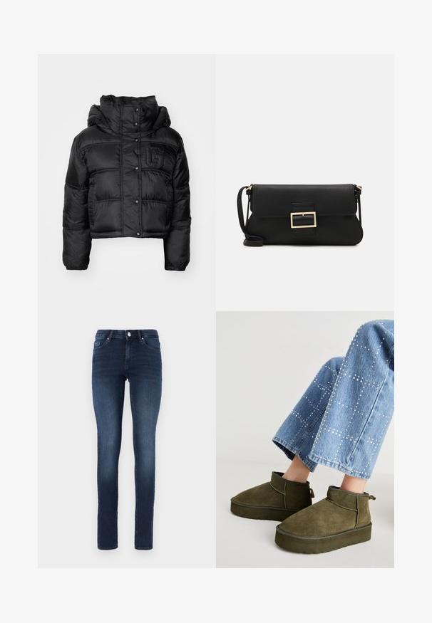 Juodas trumpas pūkinis švarkas su aukštu apykakle, spaudėmis ir siuvinėtu logotipu krūtinėje. Savybės: surinktos rankovės ir siuvinėjimo dizainas.; Baltas be rankovių marškinėlis, pagamintas iš išklotinės medžiagos, su apvaliu iškirpimu ir prigludusia siluetu, minimaliais siūlais ir be dekoracijų.; Tamsiai mėlynos liesos džinsai, pagaminti iš denimo, su klasikinio penkių kišenių dizainu, mygtukų užsegimu ir švelniu padribimu ant šlaunų.; Alyvuogių žalios spalvos zomšiniai ankle batai su stora, tekstūruota pada ir kilpos užtrauktuku. Derinami su šviesiai mėlynomis, papuoštomis džinsinėmis kelnėmis.; Juodas odinis dėkliukas su atvarteliu ir auksinės metalinės sagties detalėmis. Įeina juodas diržas ir elegantiškas, minimalistinis dizainas.; Aukso spalvos žiedo auskarai, ploni ir apvalūs, su lygiu metaliniu paviršiumi be papuošimų ar raštų.