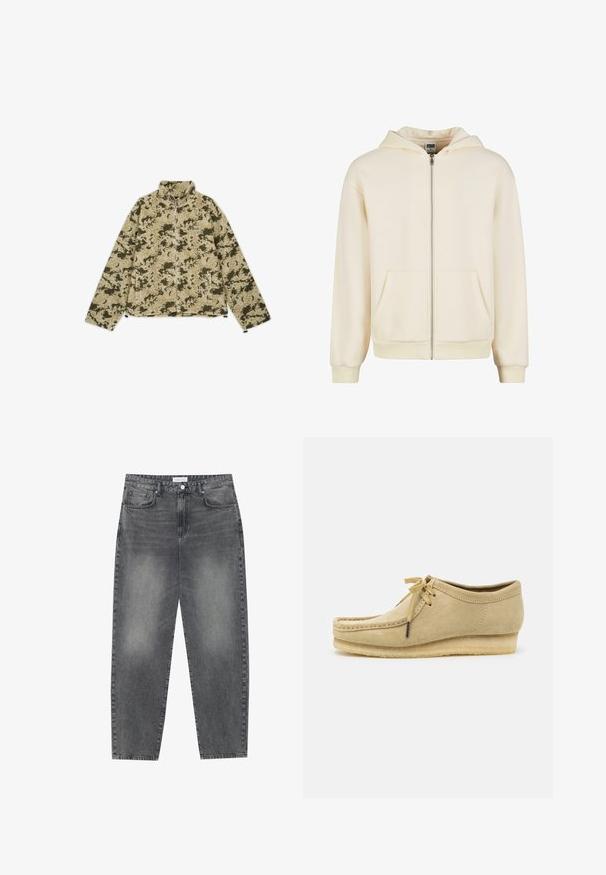 Roheline ja beež kamuflaažiga fliiskate, millel on kõrge kaelus, lukuga sulgemine ja küljetaskud. Omab tekstureeritud, pehmet pinda.; Kreemist värvi tõmblukuga kapuutsiga sviiter, mis on valmistatud pehmest kangast, sisaldab vooderdatud kapuutsi, esi-taskuid ning soonikutega mansette ja alumist serva mugava istuvuse tagamiseks.; Valge puuvillane t-särk lühikeste varrukatega, ümmarguse kaelusega, lõdva lõikega ja ilma nähtavate logodeta või mustriteta. Sile tekstuur ja minimaalne disain.; Kõrgema vöökohtadega, lõdva lõikega teksad, mis on valmistatud tuhmist mustast denimist. Selles on viis taskut, traksid ja puhas, sirge säärelõige.; Bež nubukist kingad, millel on paelad, õmblustega detailid ja kummist tald. Kujundus on lihtne, kergelt kallakuga kannaga.