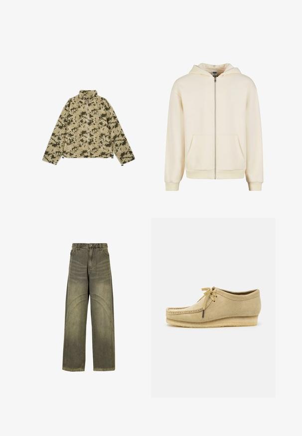 Giacca in fleece mimetica verde e beige con colletto alto, chiusura zip e tasche laterali. Presenta una superficie morbida e texture.; Felpa zip-up crema realizzata in tessuto morbido, con cappuccio foderato, tasche frontali e polsini e orlo a costine per una vestibilità aderente.; Maglietta bianca in cotone con maniche corte, scollatura rotonda, vestibilità comoda e senza loghi o motivi visibili. Texture liscia e design minimale.; Jeans a gamba larga in denim verde oliva, con dettagli di cuciture curve, chiusura con bottone classico e finitura scolorita.; Scarpa in suede beige con design a lacci, dettagli cuciti e suola in gomma. La forma è casual con un leggero tacco a cuneo.