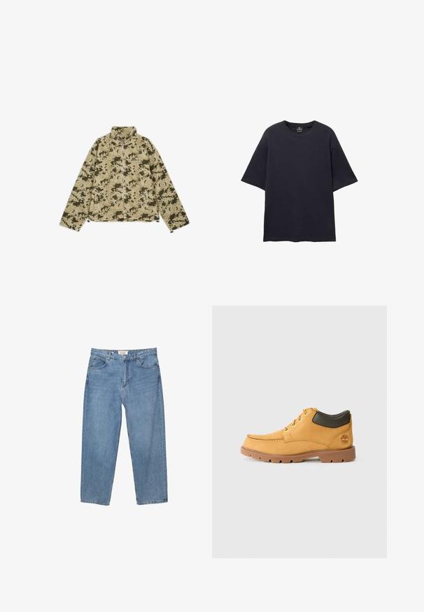 Zeleni i bež kamuflažni flisani kaput s visokim ovratnikom, zatvaranjem na zip i bočnim džepovima. Ima teksturiranu, mekanu površinu.; PULL&BEAR SHORT SLEEVE TEXTURED WEAVE - Osnovna majica kratkih rukava - dark blue; Svijetloplave traperice ravnog kroja, s pet džepova i vidljivom oznakom branda na pojasu.; Žute kožne cipele s smešnim gumenim potplatom, okruglim vrhom i zelenim kožnim detaljem oko gležnja. Imaju zlatne rupice za vezivanje i ukrasne šavove.